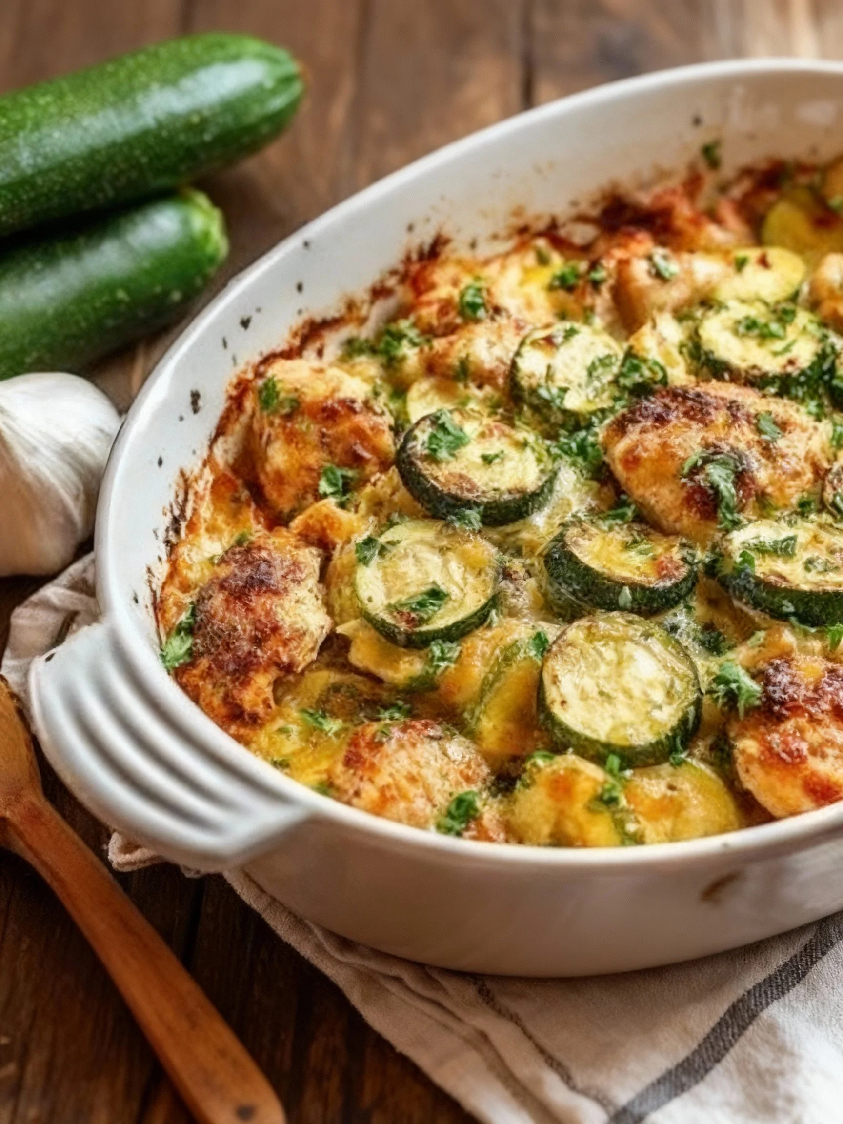 Easy chicken zucchini bake dish with chicken and zucchini ingredients