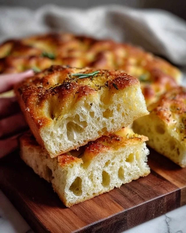 Homemade easy focaccia bread displayed on a wooden table