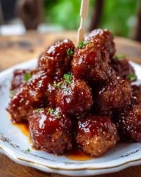 Delicious plate of easy grape jelly meatballs served as an appetizer.