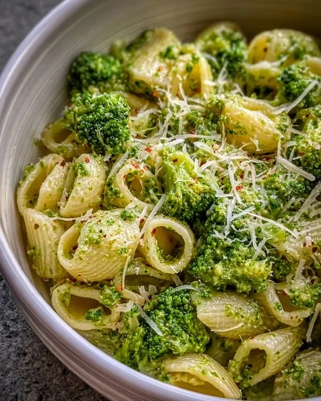 Healthy broccoli pasta dish garnished with fresh herbs and parmesan cheese