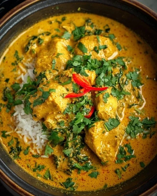 Delicious easy and healthy coconut chicken curry served in a bowl.