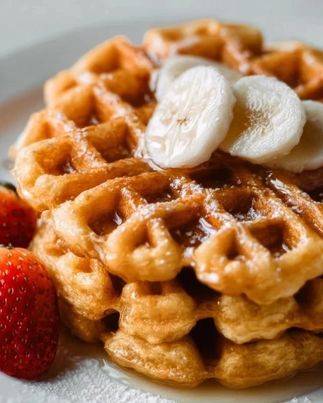 Healthy protein waffles topped with fresh fruits and maple syrup