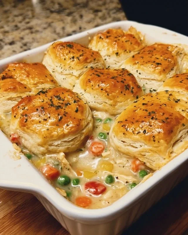 Homemade chicken pot pie casserole topped with golden crust and vegetables