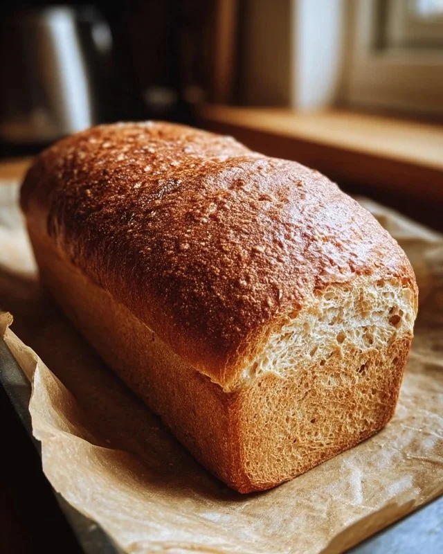 Loaf of easy homemade soft whole wheat sandwich bread on a cutting board