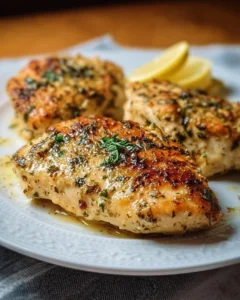 Delicious lemon garlic parmesan chicken served on a plate with herbs