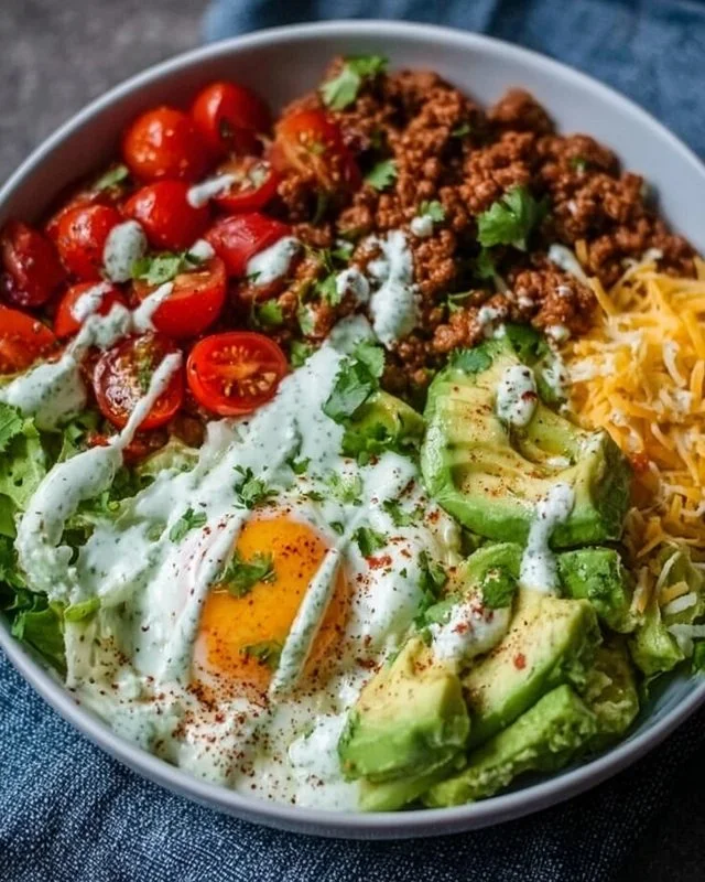 Easy low carb burrito bowl with toppings for a healthy breakfast