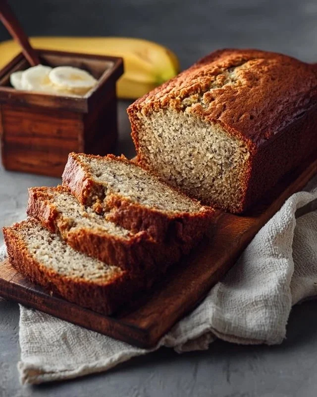 Sliced easy moist banana bread on a wooden cutting board