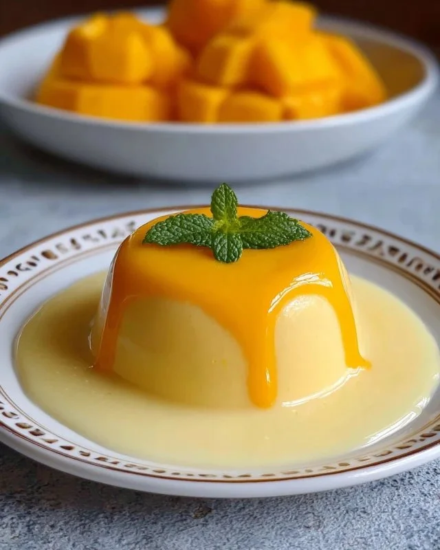 Delicious and creamy mango pudding in a bowl, garnished with fresh mango slices.