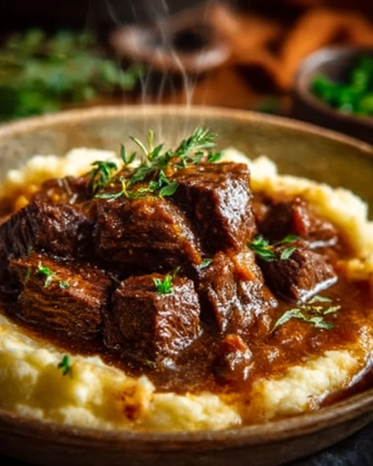 Slow Cooker Beef Manhattan served on a plate with gravy and vegetables.