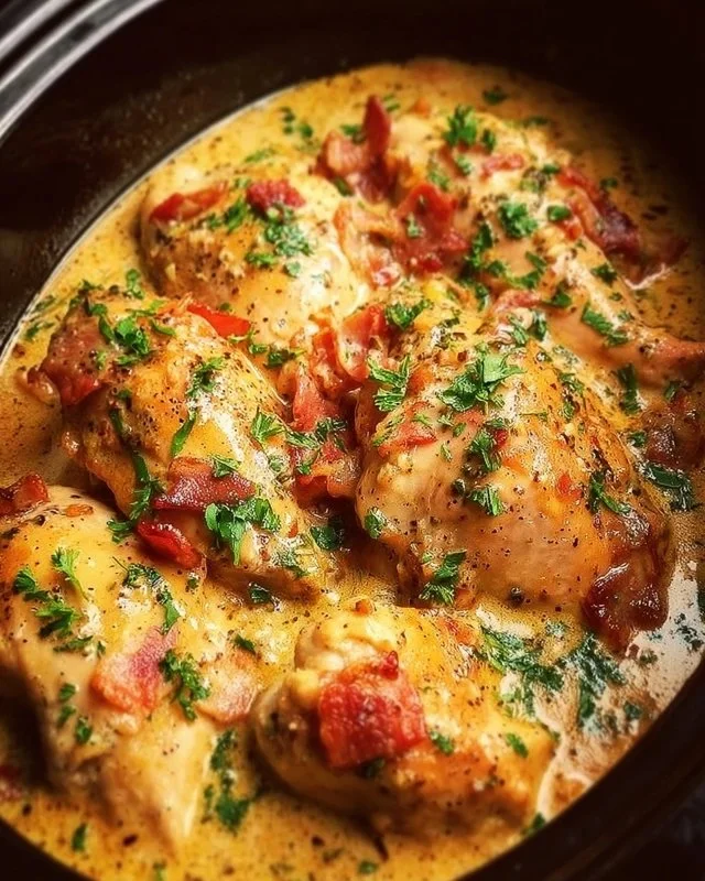 Bowl of easy slow cooker crack chicken garnished with herbs and spices.