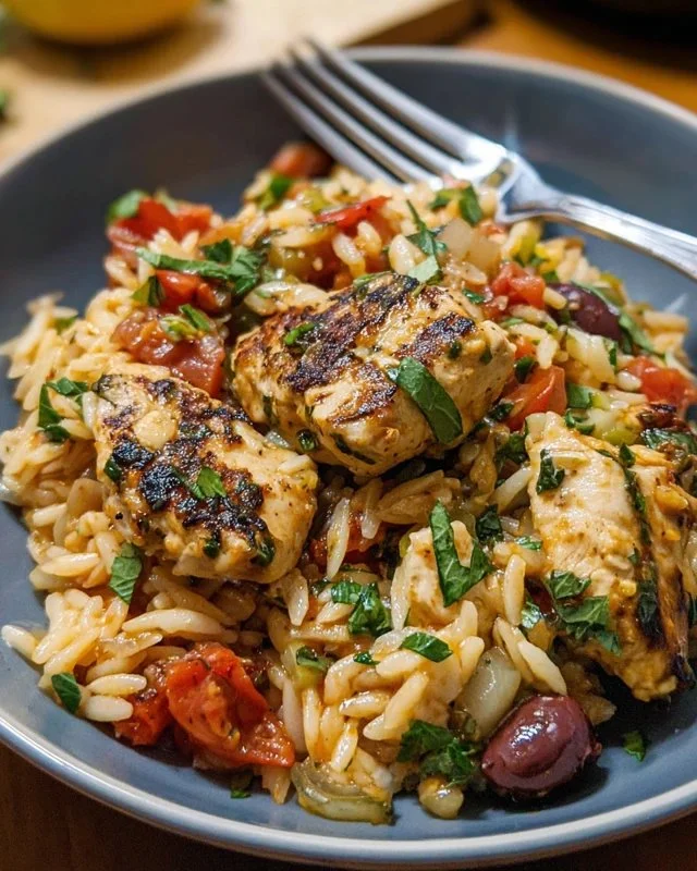 Delicious Mediterranean Chicken Orzo served in a bowl with fresh herbs