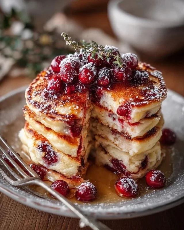 Fluffy cranberry orange ricotta pancakes topped with fresh cranberries
