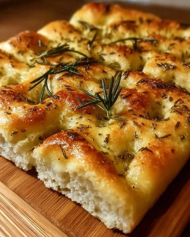 Homemade focaccia bread topped with herbs and sea salt on a wooden board