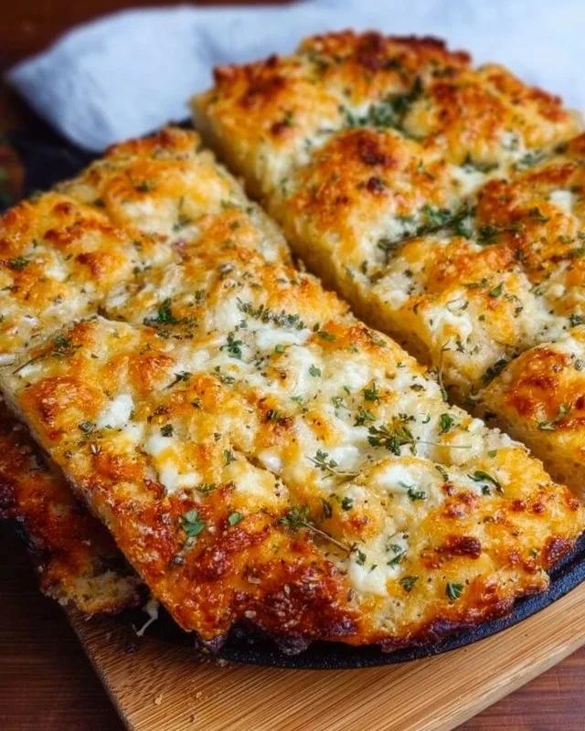Cheesy garlic Focaccia bread fresh out of the oven, golden and delicious.