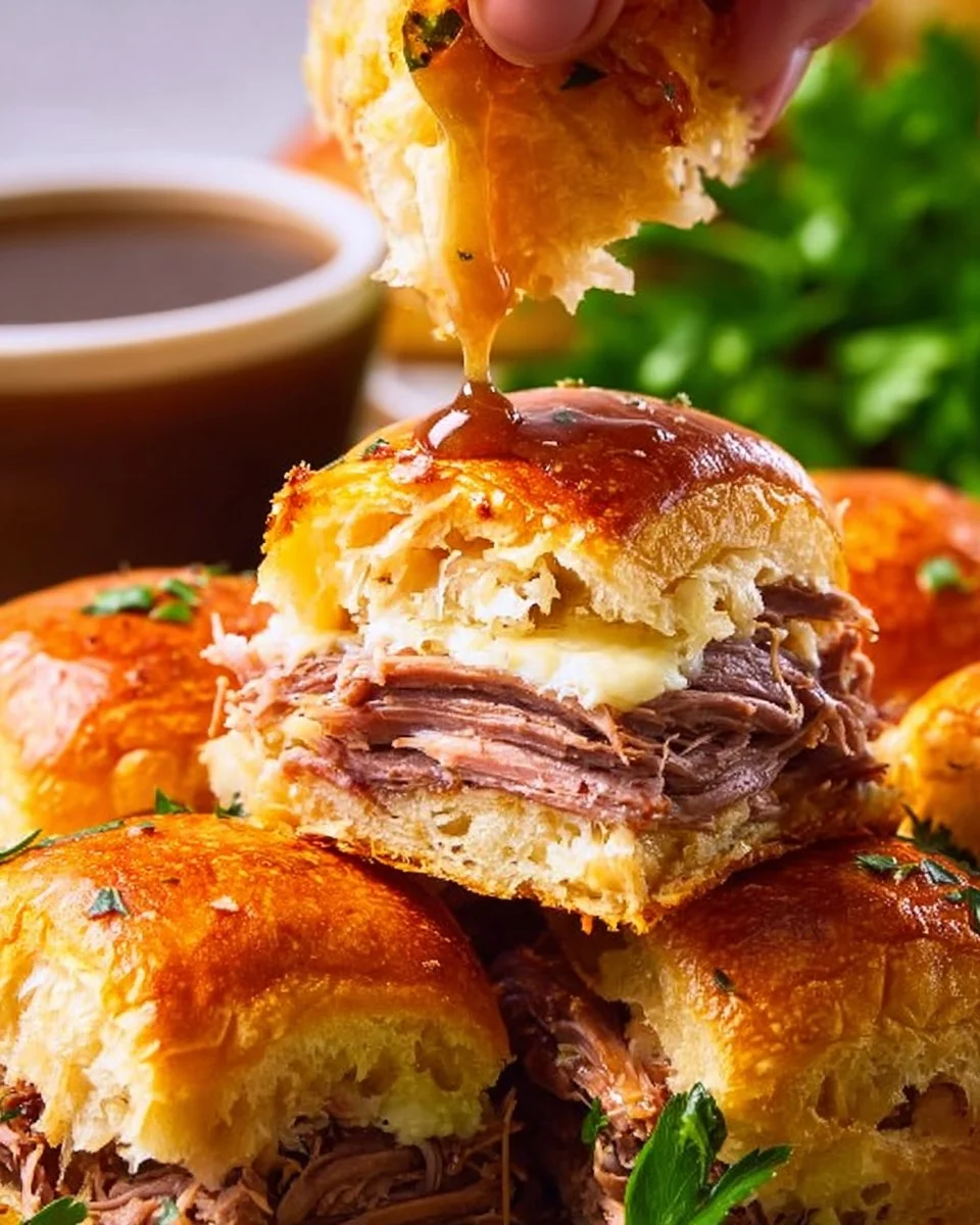 Delicious French Dip Sliders with tender beef and au jus for dipping