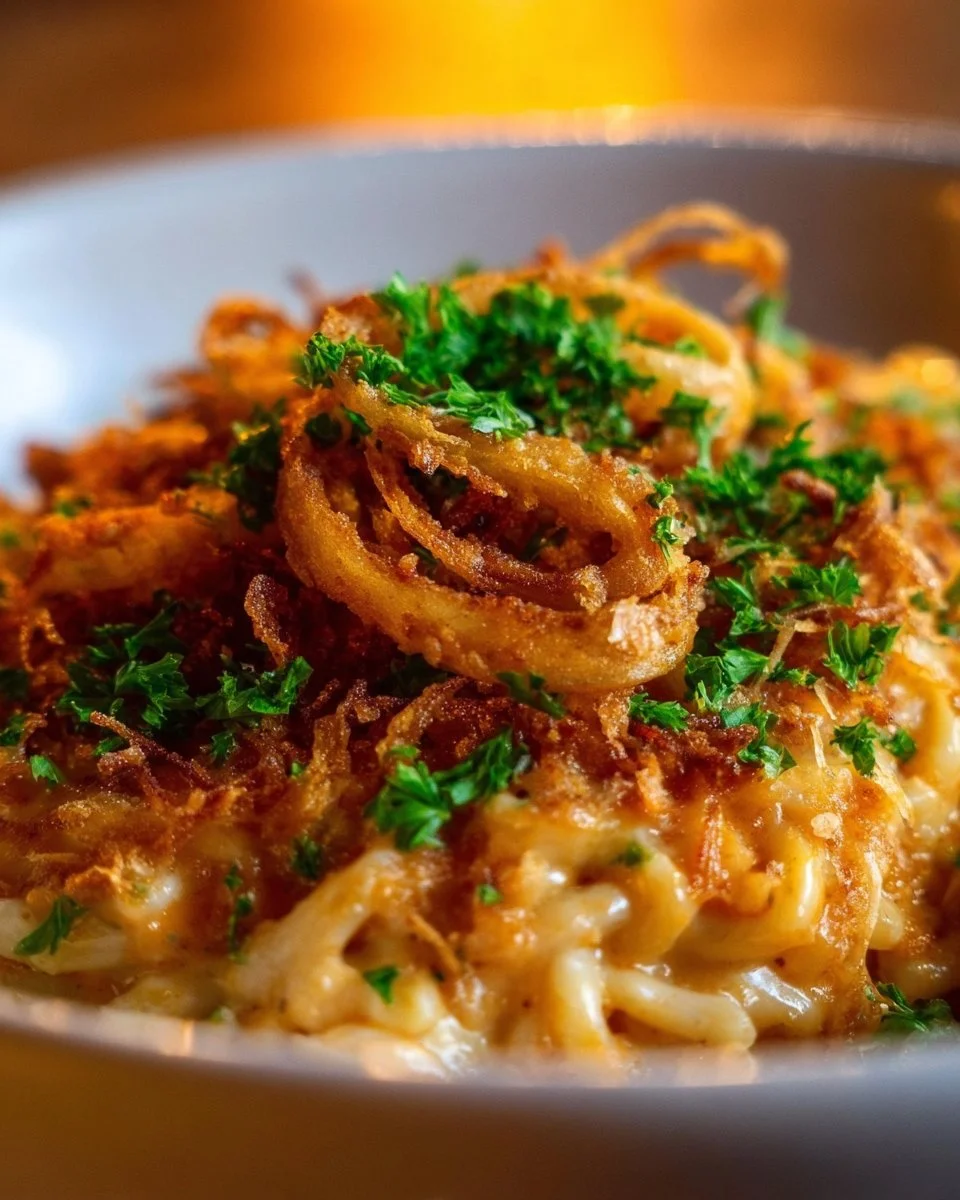 Delicious French onion chicken orzo casserole topped with melted cheese