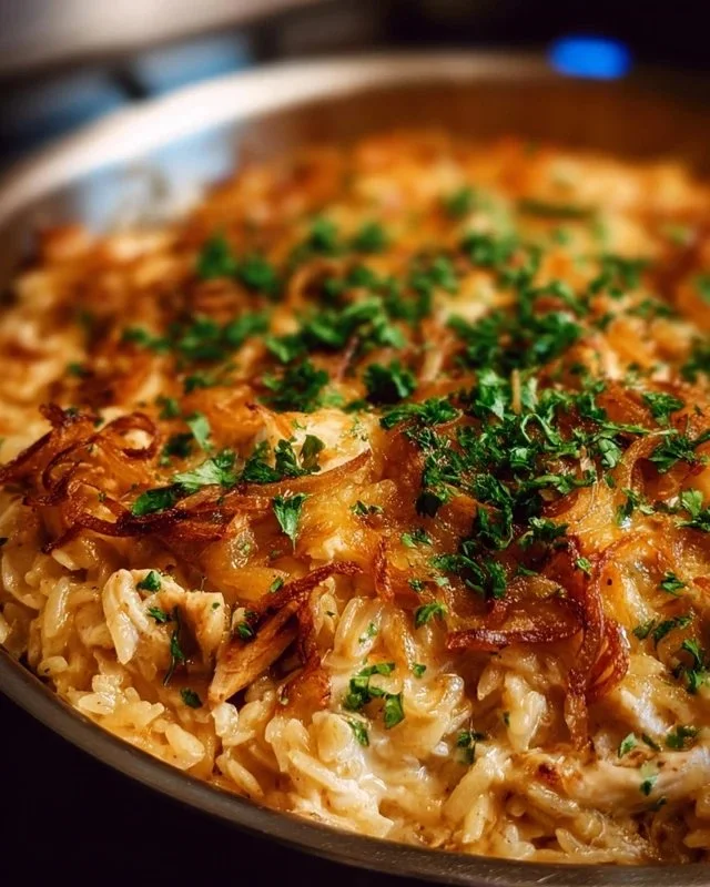 French Onion Chicken Orzo Casserole