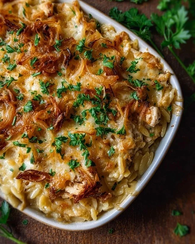 French Onion Chicken Orzo Casserole topped with melted cheese and herbs
