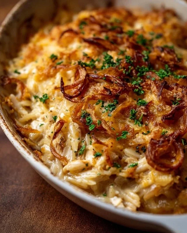 French Onion Chicken Orzo Casserole