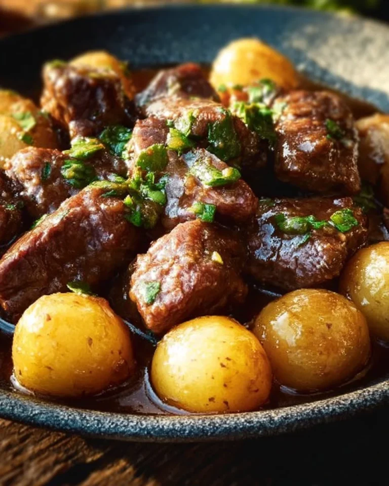 Garlic Butter Beef Bites served with golden roasted potatoes