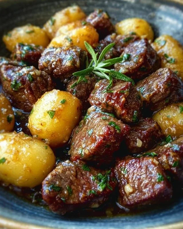 Garlic Butter Beef Bites served with crispy potatoes on a plate