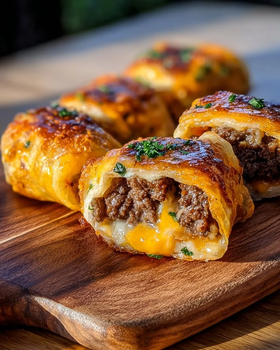 Garlic Butter Beef Cheeseburger Rollups served on a plate