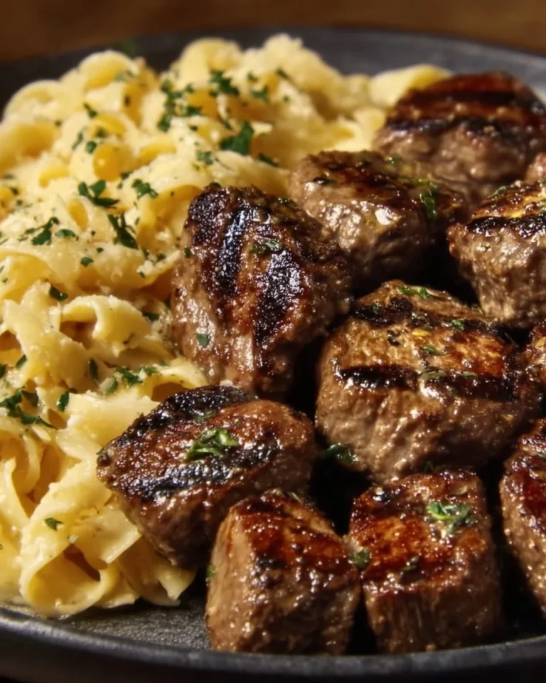 Garlic butter steak bites served with creamy parmesan pasta on a plate.