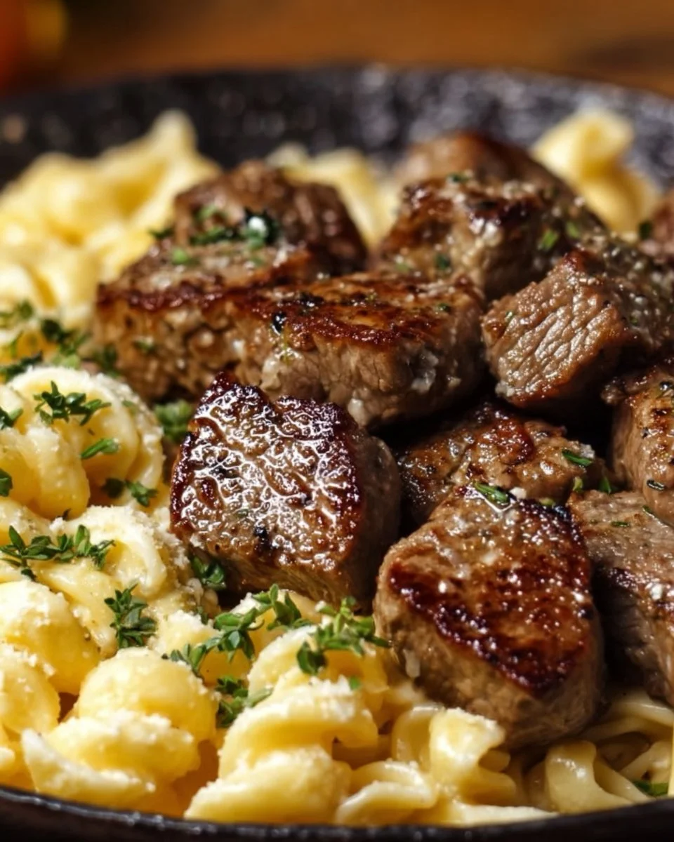Garlic Butter Steak Bites with Creamy Parmesan Pasta