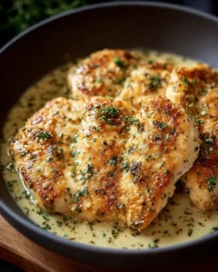 Delicious Garlic Parmesan Chicken garnished with herbs on a plate