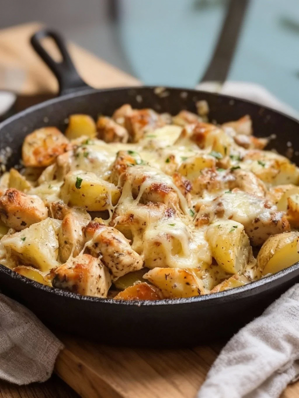 Garlic Parmesan Chicken and Potatoes Skillet served in a cast iron pan