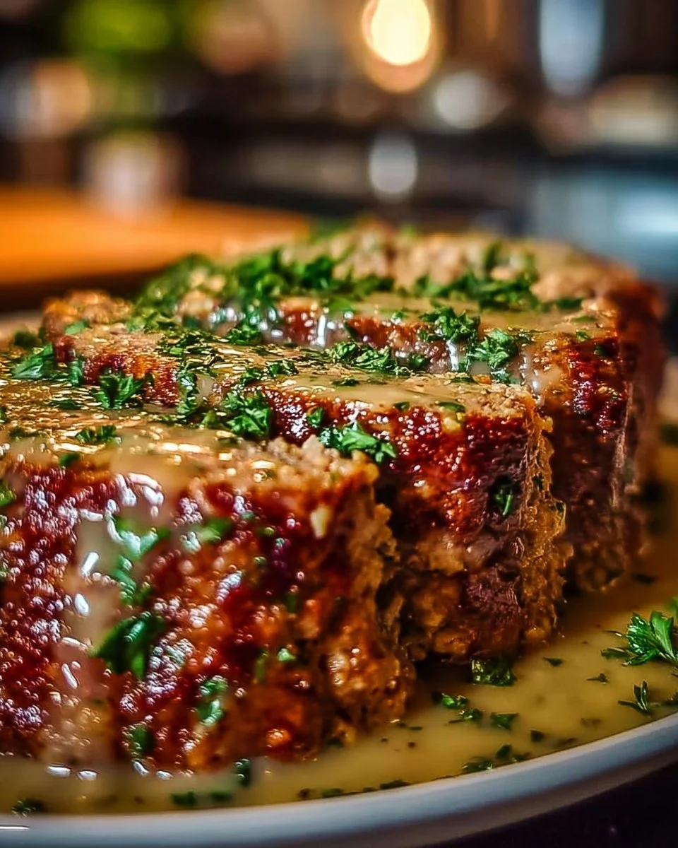 Delicious Garlic Parmesan Chicken Meatloaf served on a plate with garnish.
