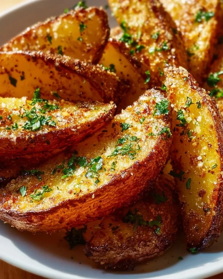 Crispy Garlic Parmesan Potato Wedges served in a bowl