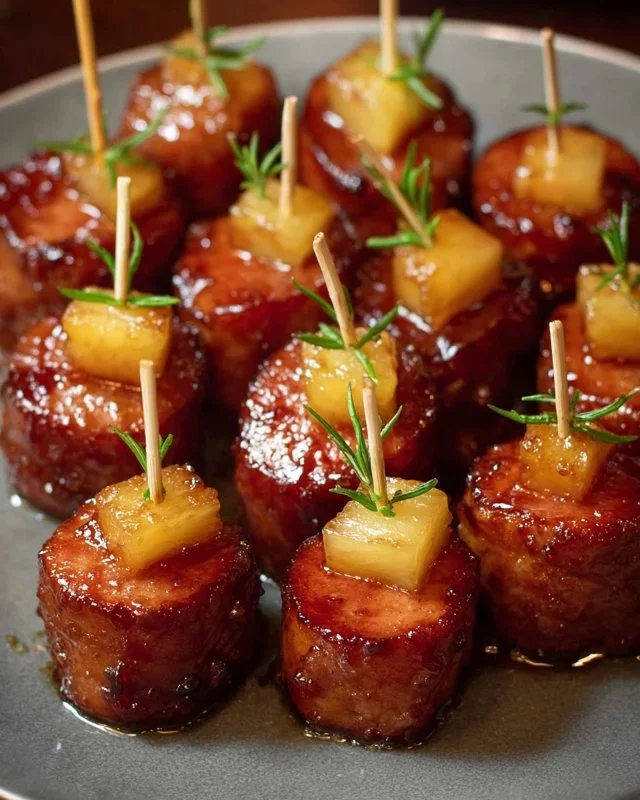 Glazed Beef Kielbasa Pineapple Bites appetizer on a serving platter.