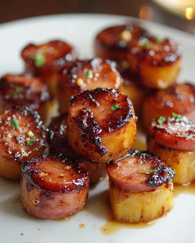 Glazed Kielbasa Pineapple Bites served on a platter