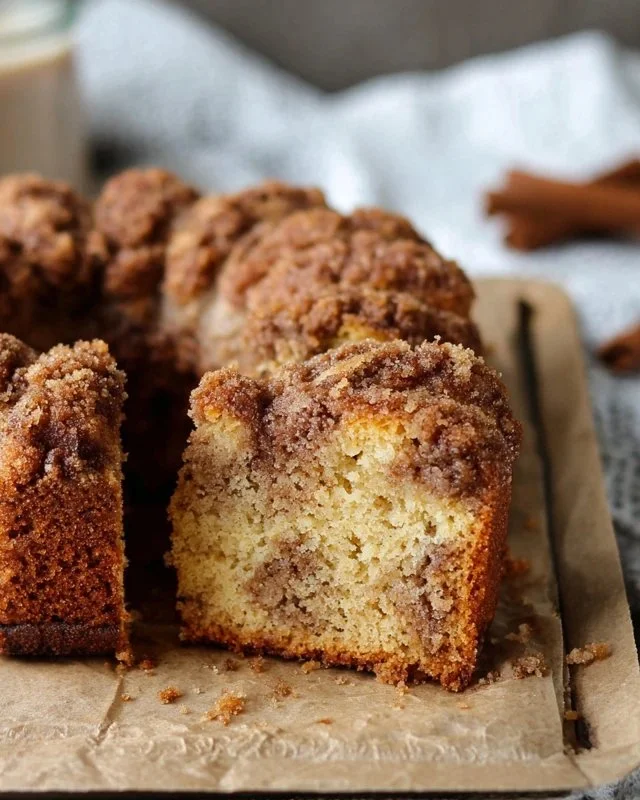 Gluten free cinnamon coffee cake with a crumbly topping and cinnamon swirl