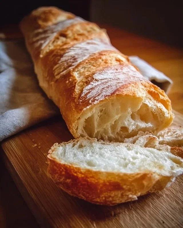 Homemade gluten-free French bread loaf ready to be sliced.
