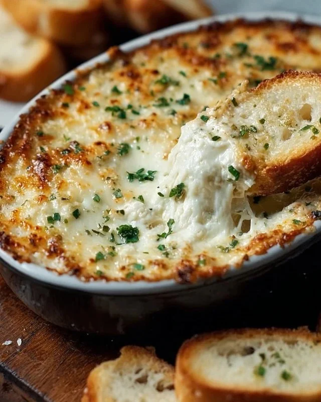 Gooey garlic bread dip served in a bowl with breadsticks for dipping