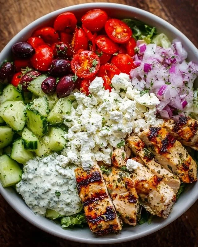 Delicious Greek Chicken Bowls with fresh vegetables and flavorful dressing