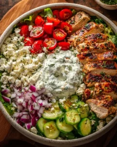 Healthy Greek chicken bowls with fresh vegetables and grains