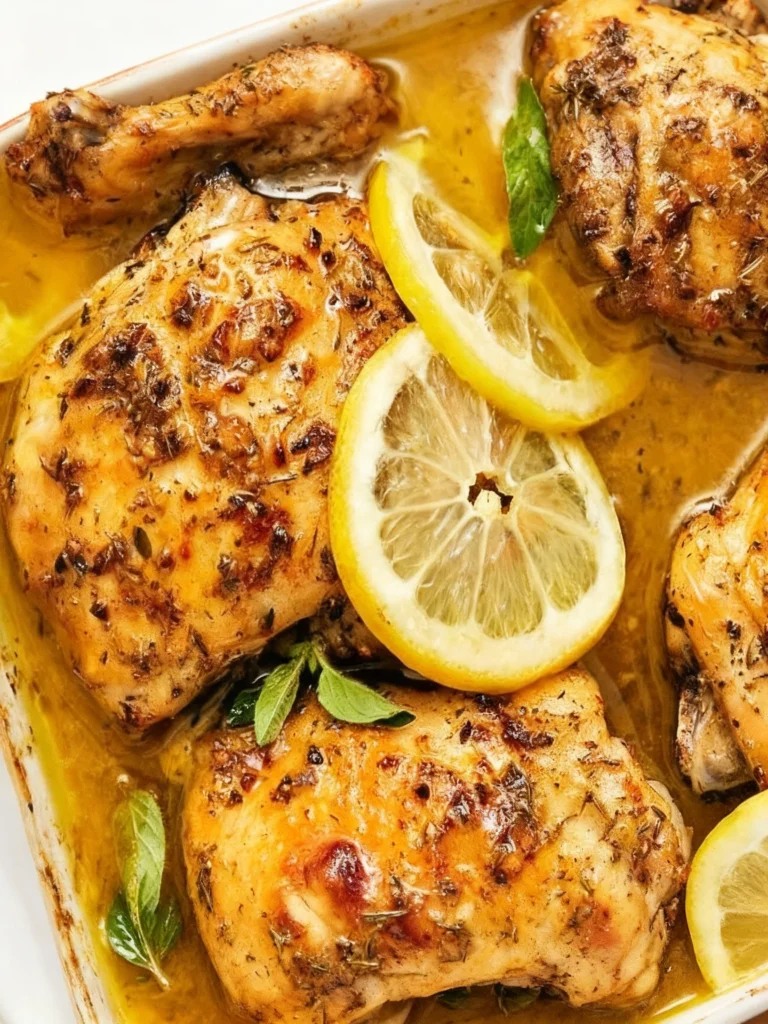 Plate of Greek Lemon Chicken with fresh herbs and lemon slices