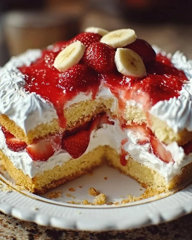 Delicious Half Strawberry Shortcake Half Banana Pudding Cake dessert recipe
