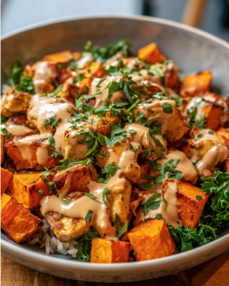 Healthy chicken and sweet potato rice bowl recipe with colorful ingredients.