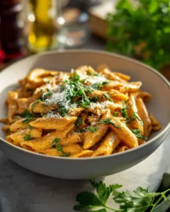Healthy garlic parmesan chicken pasta served in a bowl with herbs