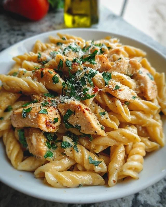 Healthy garlic parmesan chicken pasta dish served in a bowl with greenery
