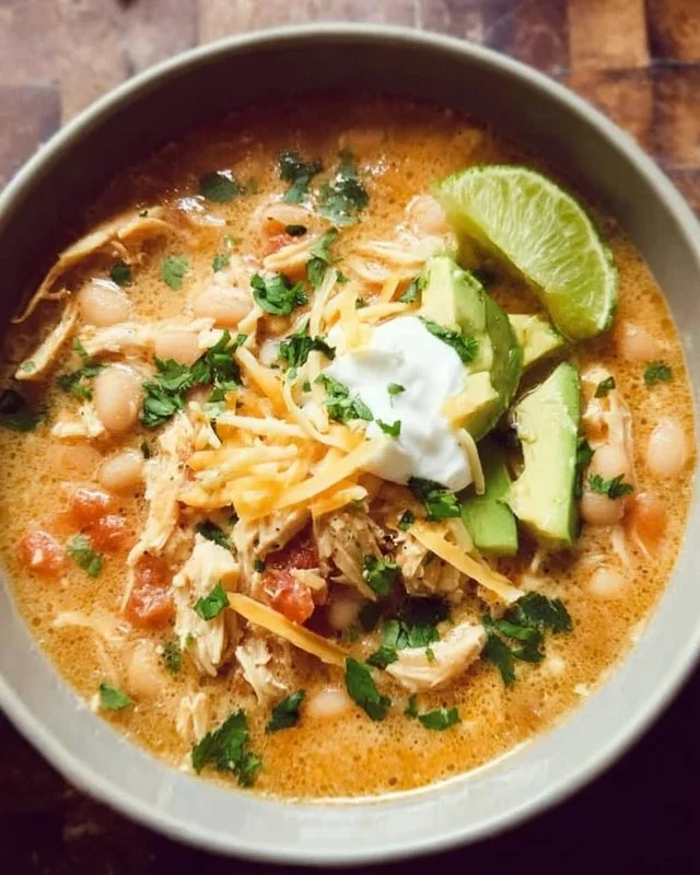 Healthy high protein white chicken chili in a bowl with toppings