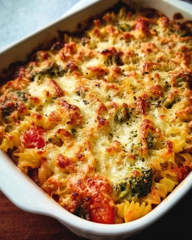 Healthy Mediterranean Vegetable Pasta Bake with colorful vegetables and pasta dish.
