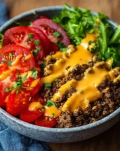High-protein cheeseburger bowls made with ground beef and burger sauce