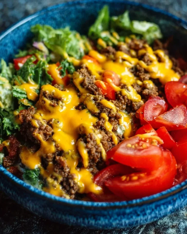 High-protein cheeseburger bowls recipe with ground beef and burger sauce