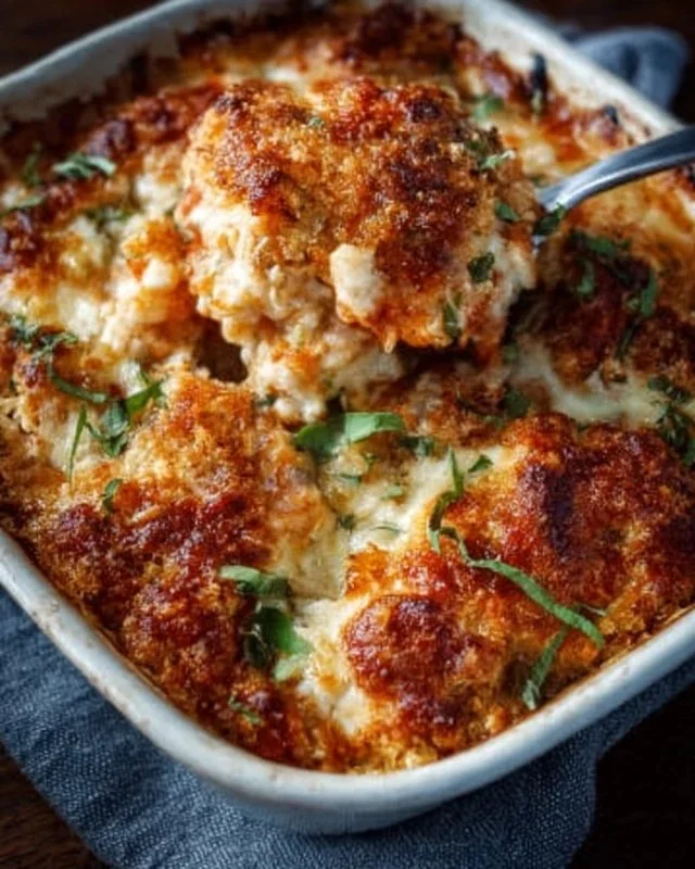 High protein chicken parmesan casserole dish with cheese and herbs