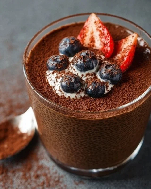 High protein chocolate chia seed pudding topped with berries